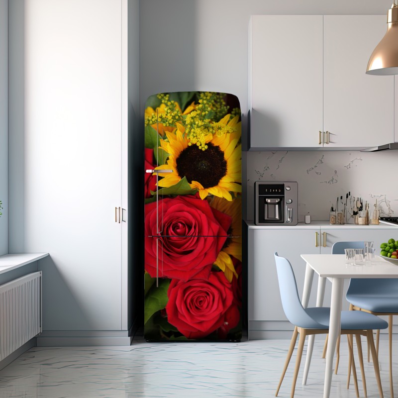 Naklejka na lodówkę czerwone róże i słoneczniki w bukiecie – Wallissimo® Naklejka na lodówkę czerwone róże i słoneczniki w bukiecie – Wallissimo®