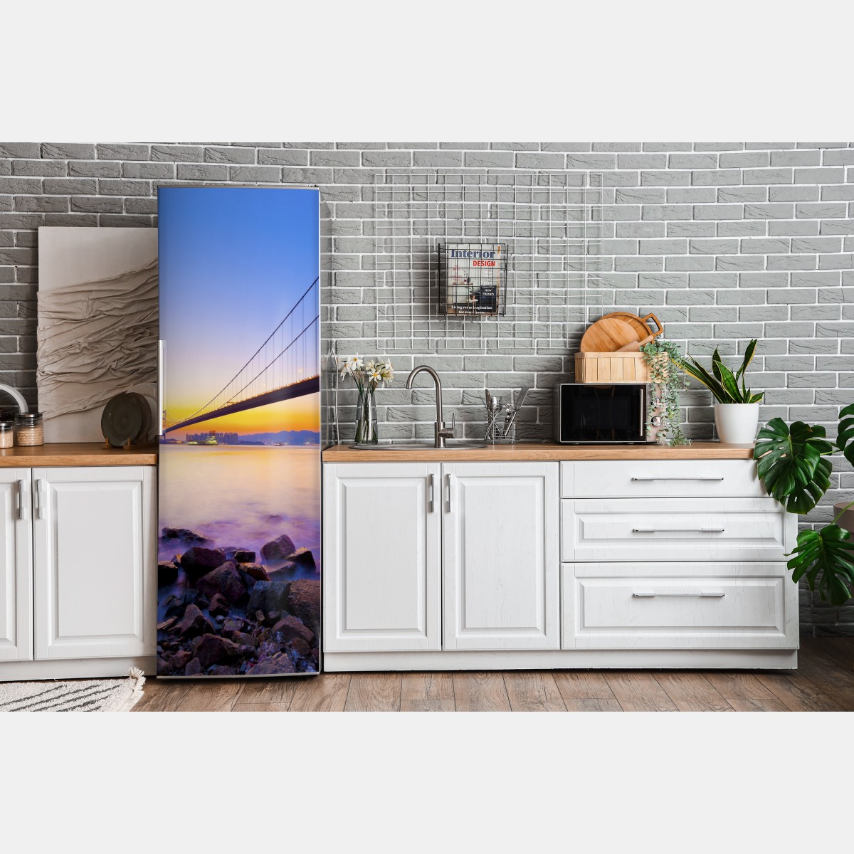 Naklejka na lodówkę złoty zachód słońca nad mostem wiszącym – Wallissimo® Naklejka na lodówkę złoty zachód słońca nad mostem wiszącym – Wallissimo®