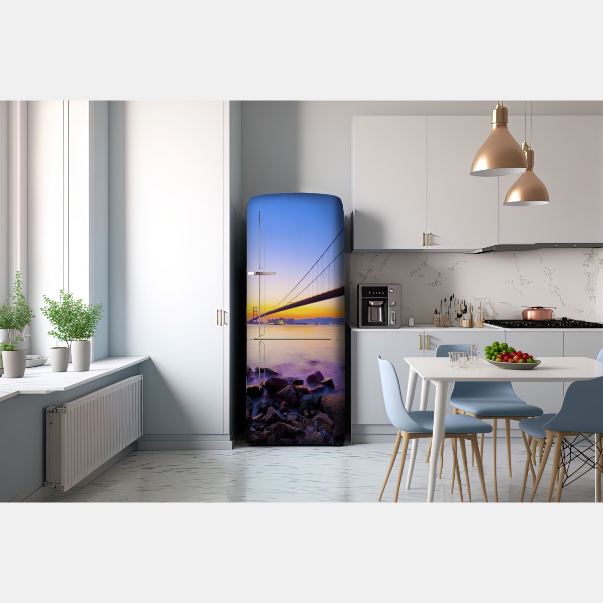 Naklejka na lodówkę złoty zachód słońca nad mostem wiszącym – Wallissimo® Naklejka na lodówkę złoty zachód słońca nad mostem wiszącym – Wallissimo®
