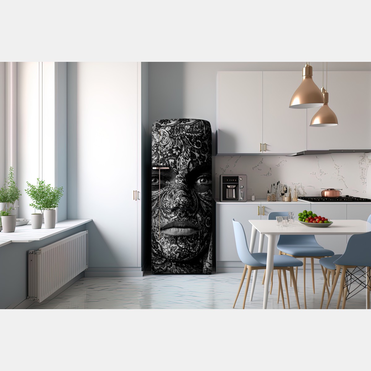 Naklejka na lodówkę ornamentalny portret z kwiatowymi wzorami – Wallissimo® Naklejka na lodówkę ornamentalny portret z kwiatowymi wzorami – Wallissimo®