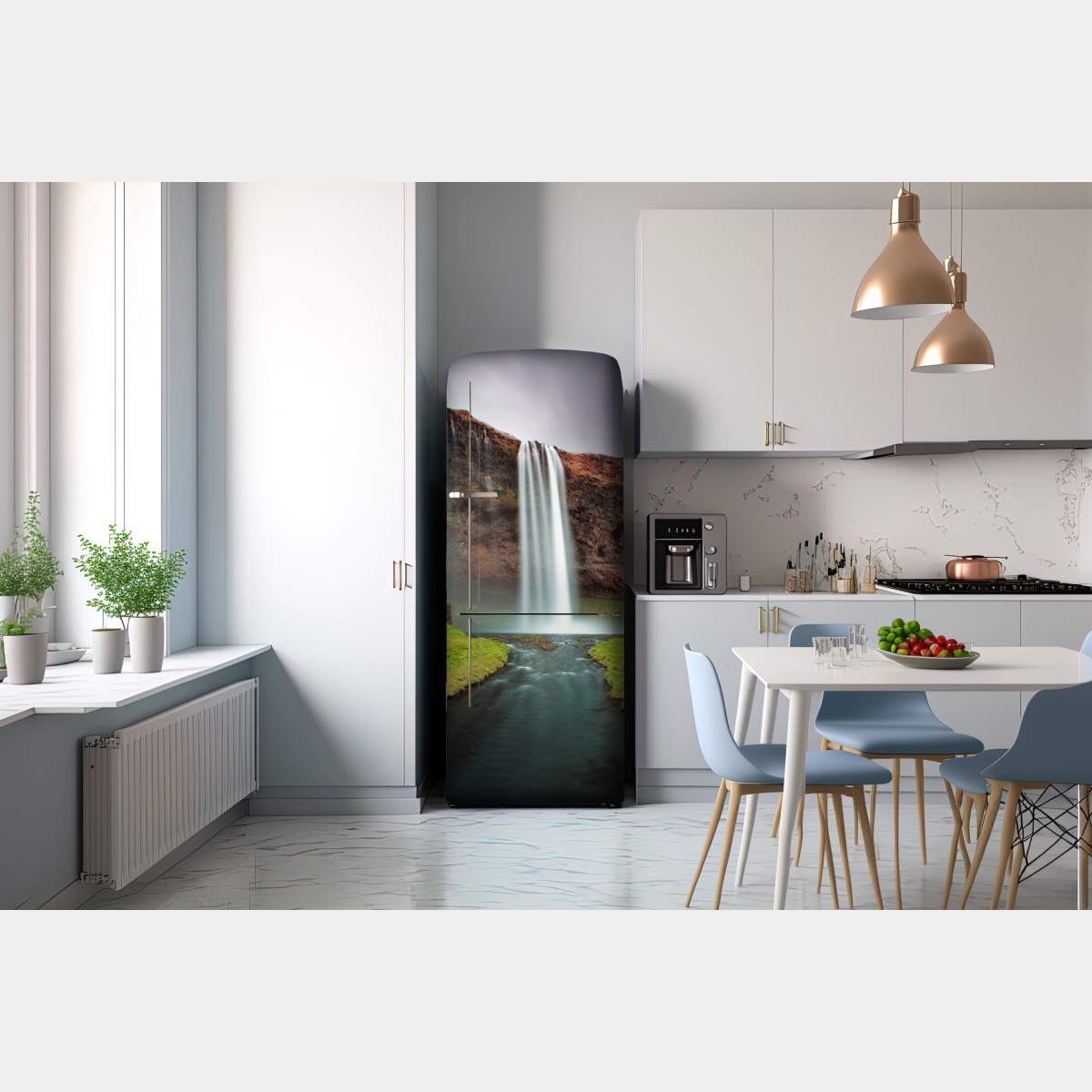 Naklejka na lodówkę mglisty wodospad w bujnej dolinie – Wallissimo® Naklejka na lodówkę mglisty wodospad w bujnej dolinie – Wallissimo®