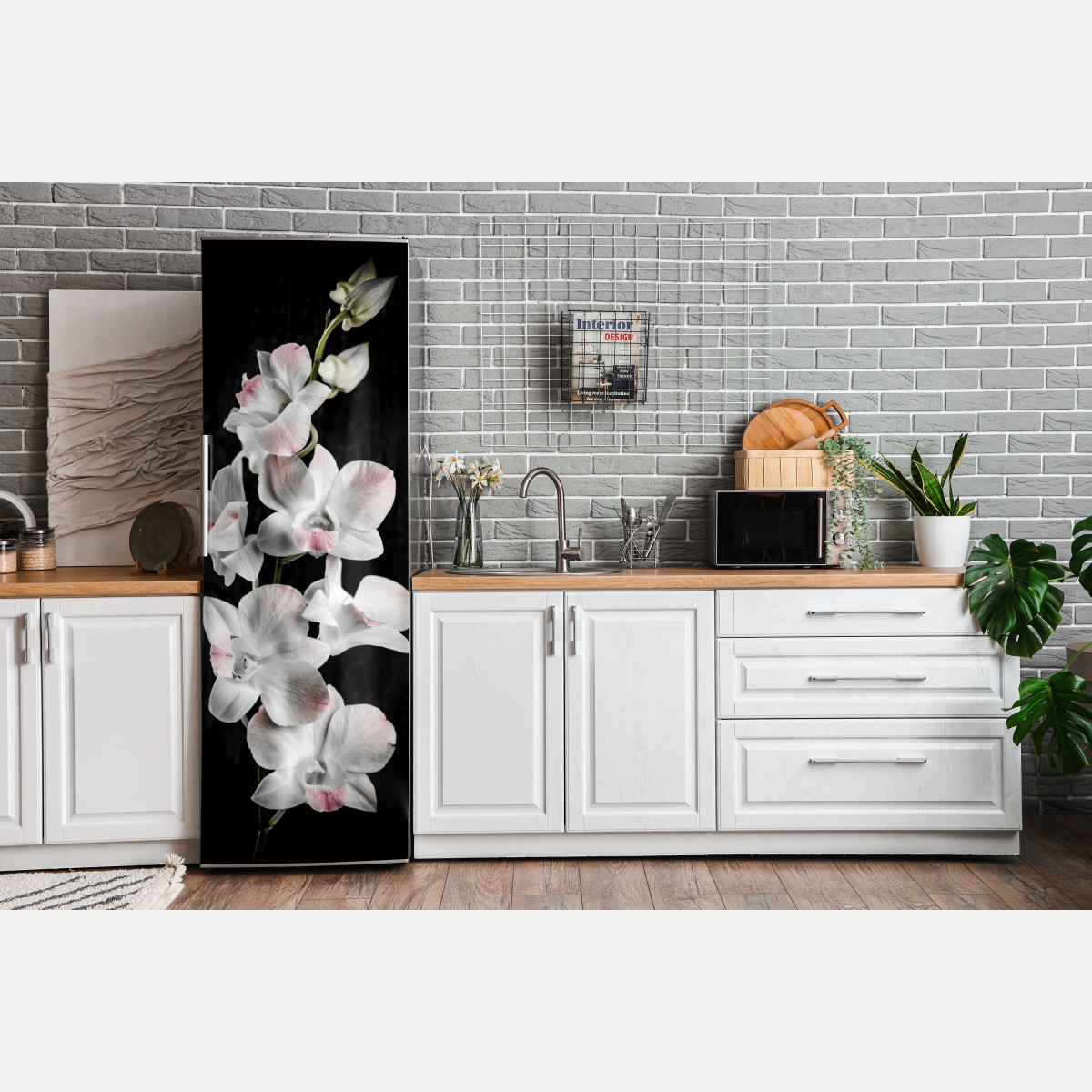 Naklejka na lodówkę biały i różowy storczyk na czarnym tle – Wallissimo® Naklejka na lodówkę biały i różowy storczyk na czarnym tle – Wallissimo®