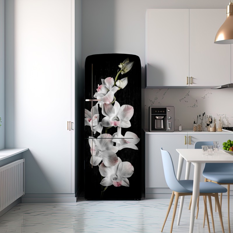 Naklejka na lodówkę biały i różowy storczyk na czarnym tle – Wallissimo® Naklejka na lodówkę biały i różowy storczyk na czarnym tle – Wallissimo®