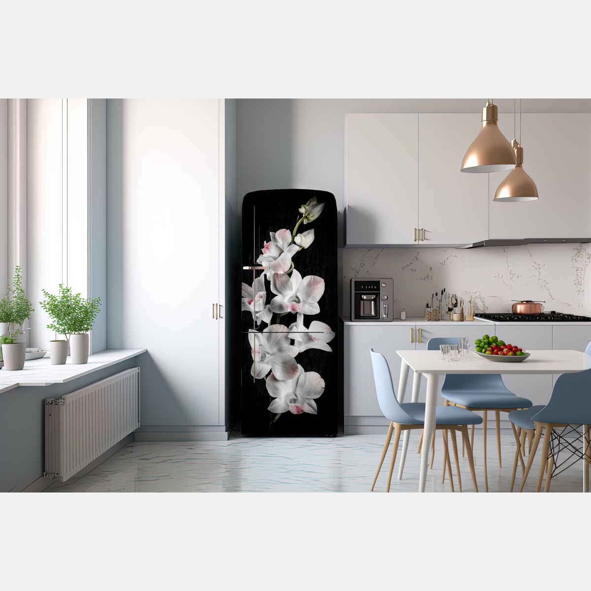 Naklejka na lodówkę biały i różowy storczyk na czarnym tle – Wallissimo® Naklejka na lodówkę biały i różowy storczyk na czarnym tle – Wallissimo®