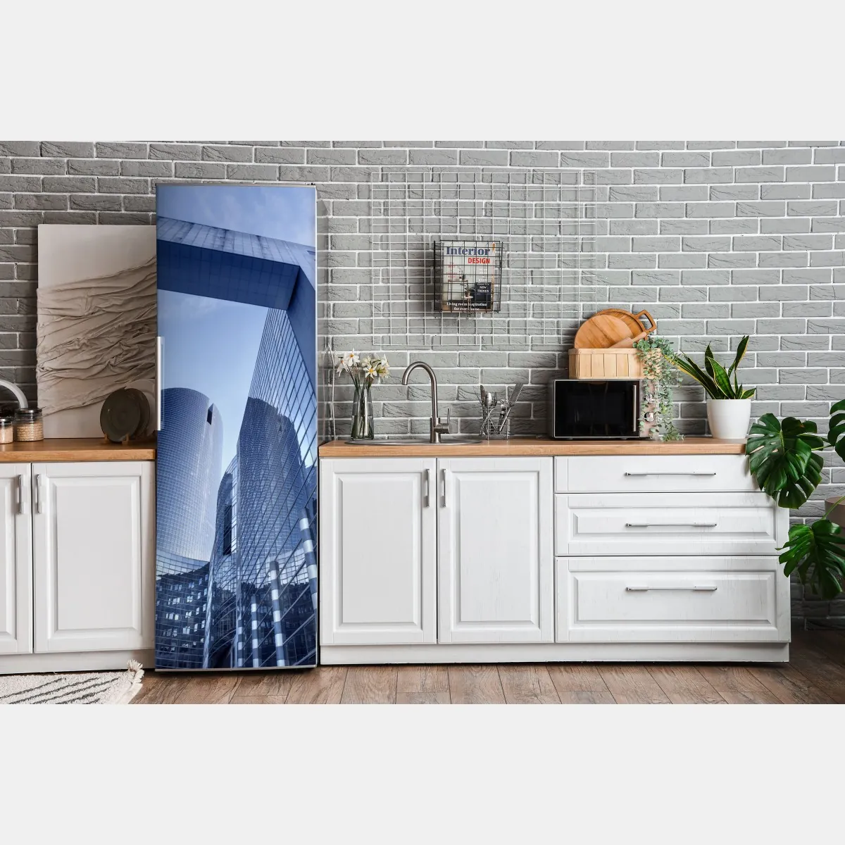 Naklejka na lodówkę nowoczesna niebieska panorama miejska – Wallissimo® Naklejka na lodówkę nowoczesna niebieska panorama miejska – Wallissimo®