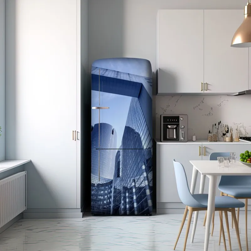 Naklejka na lodówkę nowoczesna niebieska panorama miejska – Wallissimo® Naklejka na lodówkę nowoczesna niebieska panorama miejska – Wallissimo®