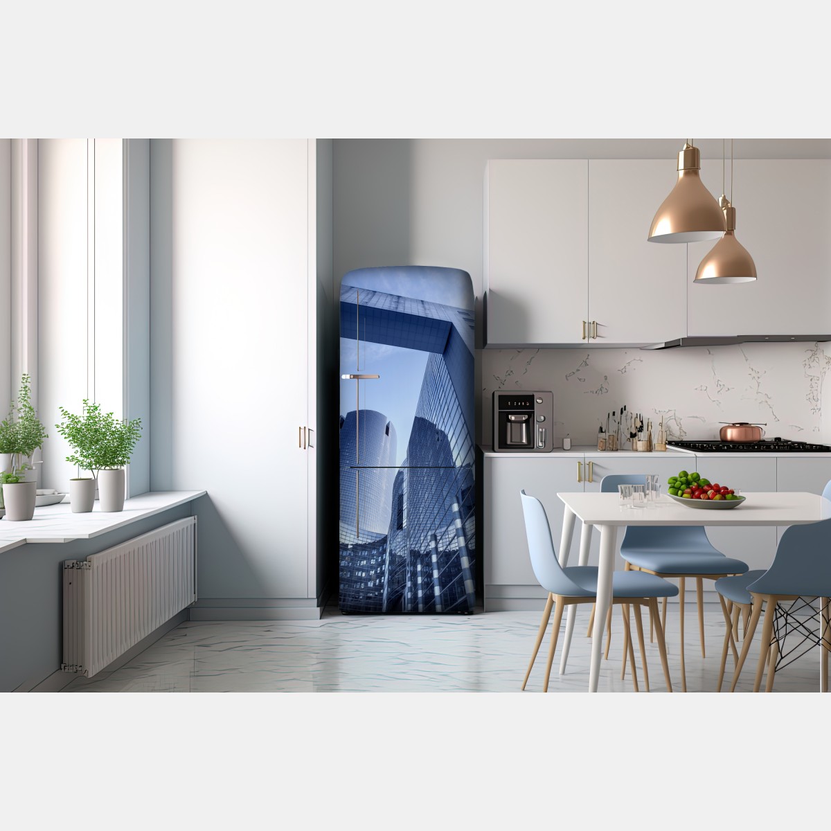 Naklejka na lodówkę nowoczesna niebieska panorama miejska – Wallissimo® Naklejka na lodówkę nowoczesna niebieska panorama miejska – Wallissimo®