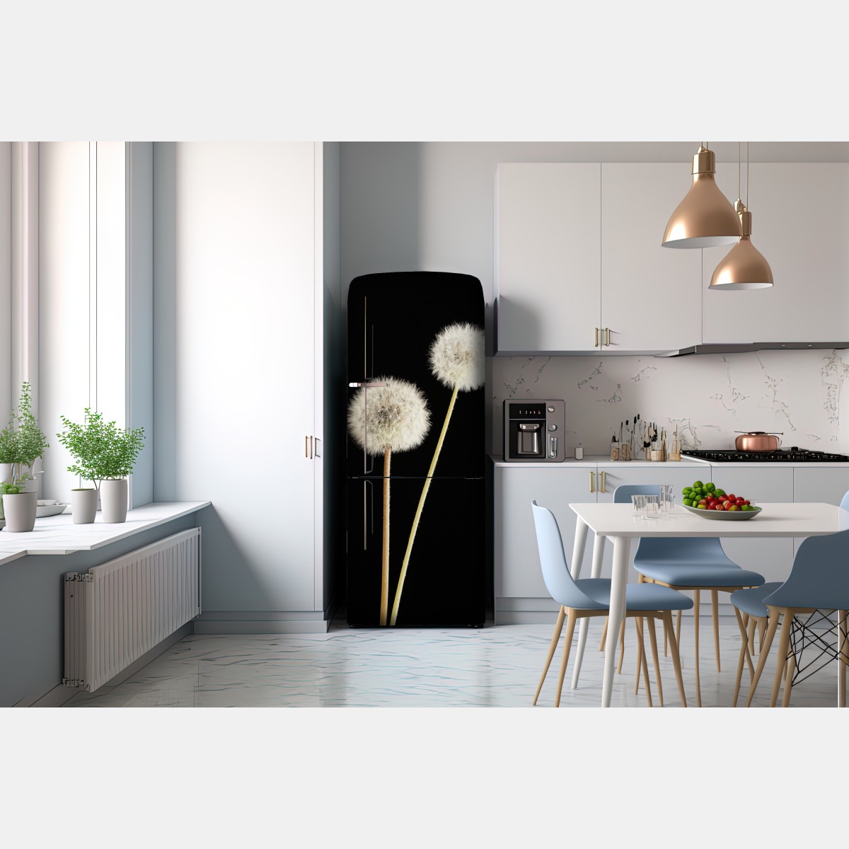 Naklejka na lodówkę delikatne dmuchawce na czarnym tle – Wallissimo® Naklejka na lodówkę delikatne dmuchawce na czarnym tle – Wallissimo®