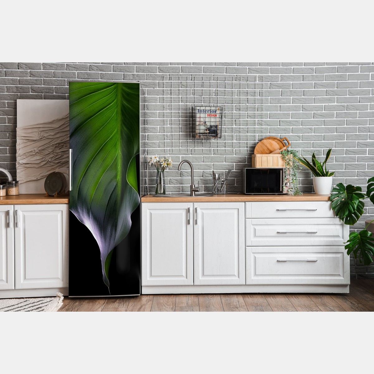 Naklejka na lodówkę elegancki zielony liść na czarnym tle – Wallissimo® Naklejka na lodówkę elegancki zielony liść na czarnym tle – Wallissimo®