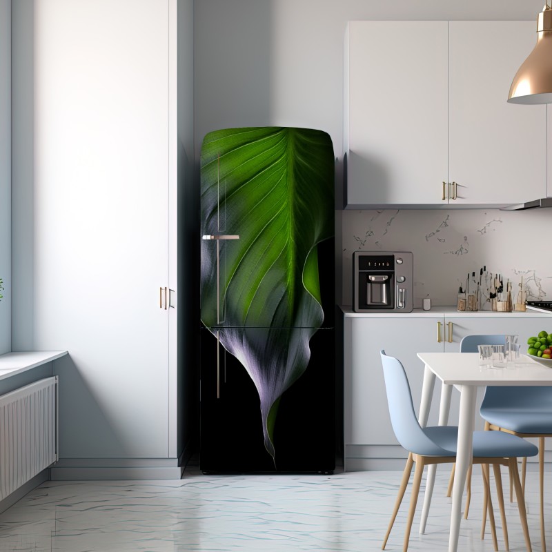 Naklejka na lodówkę elegancki zielony liść na czarnym tle – Wallissimo® Naklejka na lodówkę elegancki zielony liść na czarnym tle – Wallissimo®