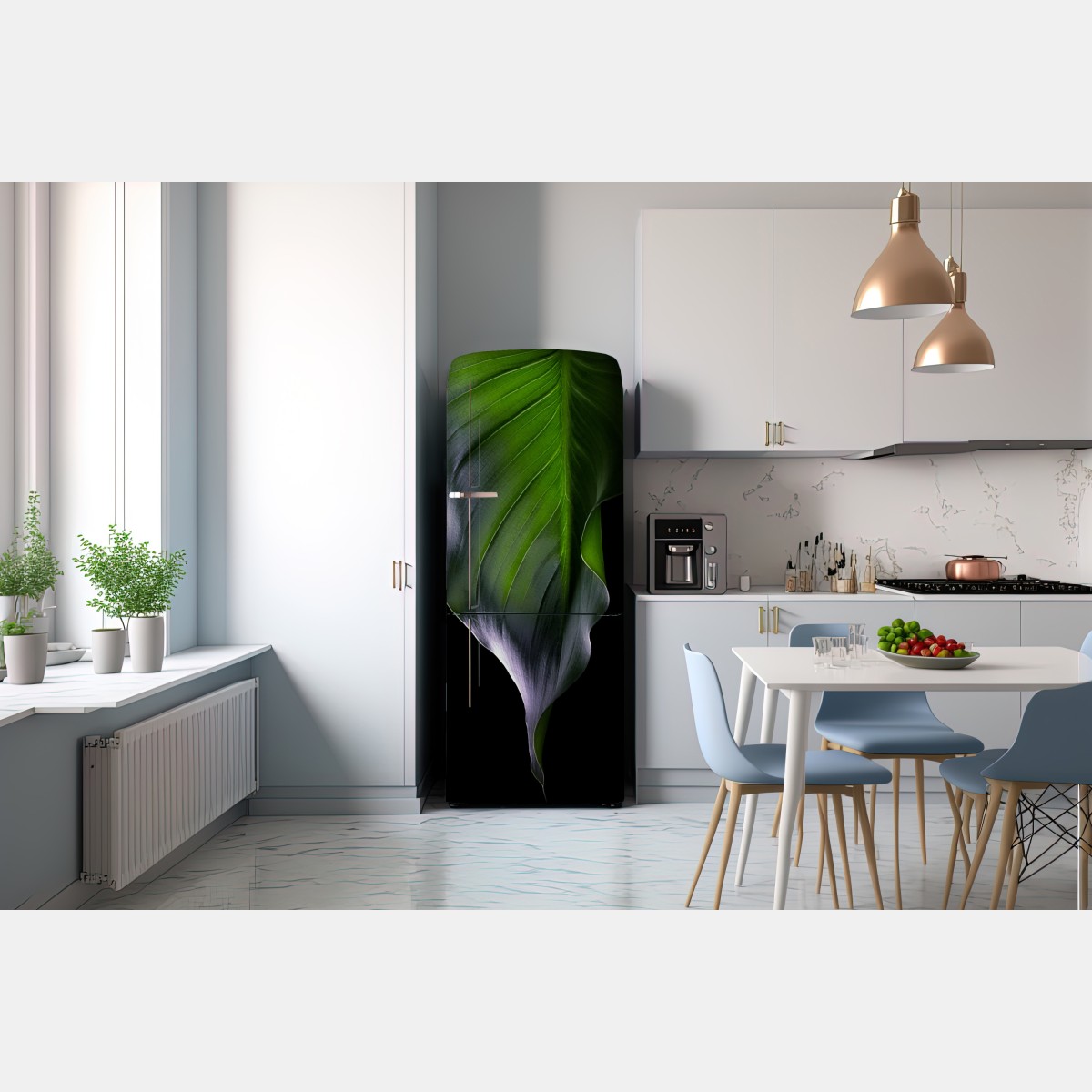 Naklejka na lodówkę elegancki zielony liść na czarnym tle – Wallissimo® Naklejka na lodówkę elegancki zielony liść na czarnym tle – Wallissimo®