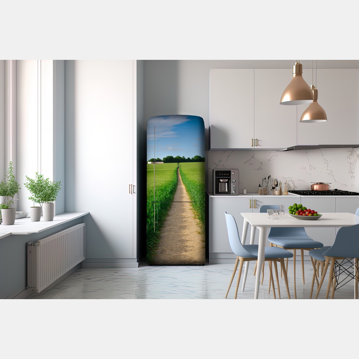 Naklejka na lodówkę słoneczna ścieżka przez zieloną łąkę – Wallissimo® Naklejka na lodówkę słoneczna ścieżka przez zieloną łąkę – Wallissimo®