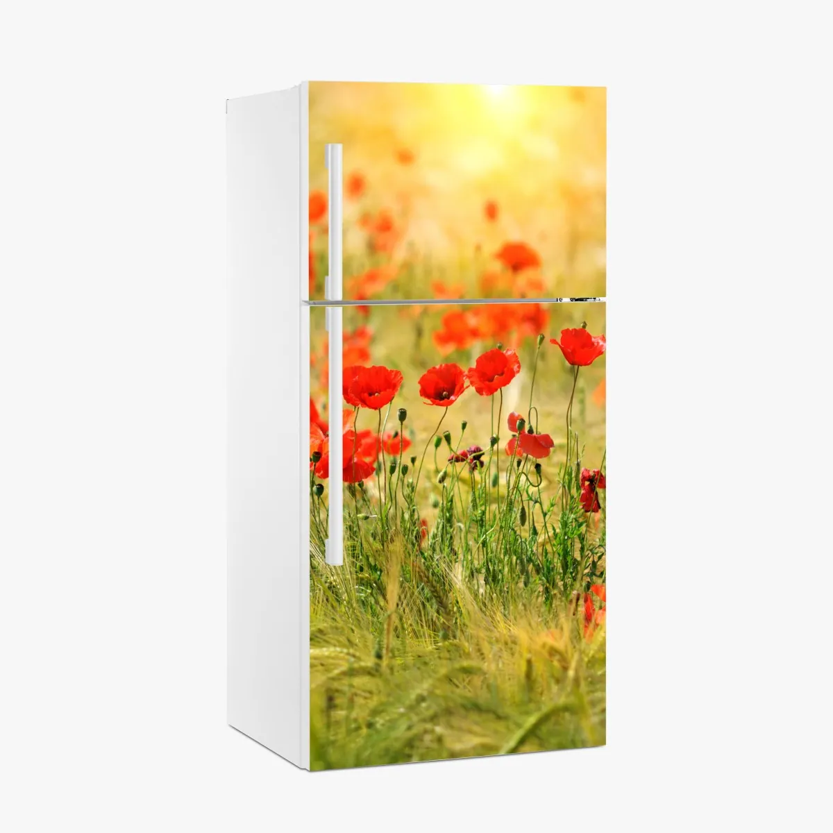 Naklejka na lodówkę łąka czerwonych maków w słońcu – Wallissimo® Naklejka na lodówkę łąka czerwonych maków w słońcu – Wallissimo®