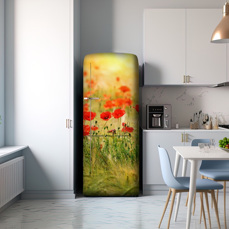 Naklejka na lodówkę łąka czerwonych maków w słońcu – Wallissimo® Naklejka na lodówkę łąka czerwonych maków w słońcu – Wallissimo®