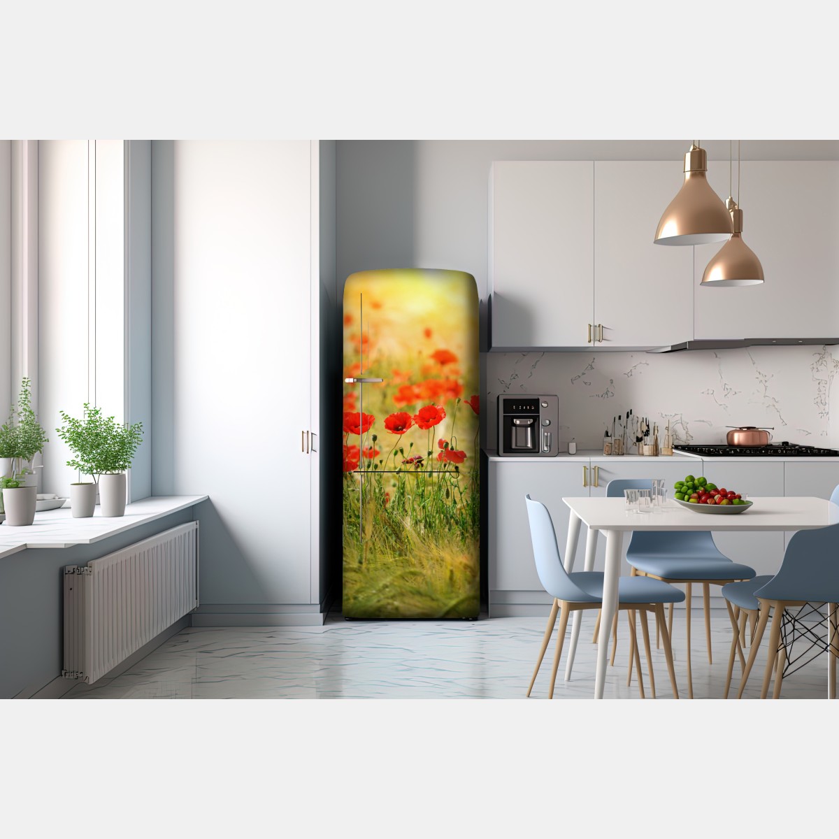 Naklejka na lodówkę łąka czerwonych maków w słońcu – Wallissimo® Naklejka na lodówkę łąka czerwonych maków w słońcu – Wallissimo®