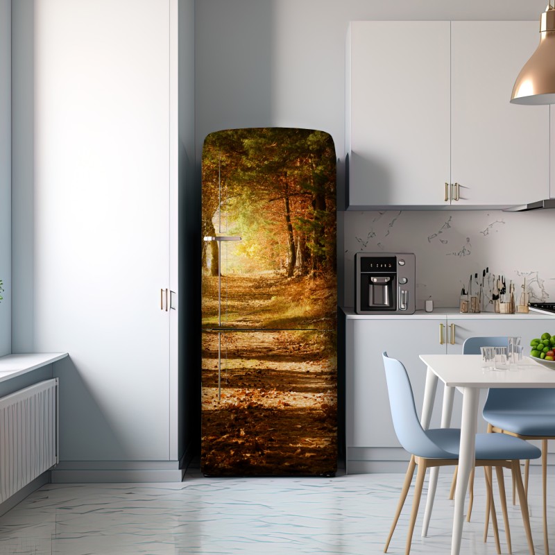 Naklejka na lodówkę jesienna leśna ścieżka ze złotym światłem – Wallissimo® Naklejka na lodówkę jesienna leśna ścieżka ze złotym światłem – Wallissimo®