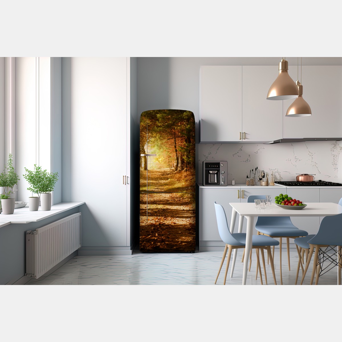 Naklejka na lodówkę jesienna leśna ścieżka ze złotym światłem – Wallissimo® Naklejka na lodówkę jesienna leśna ścieżka ze złotym światłem – Wallissimo®