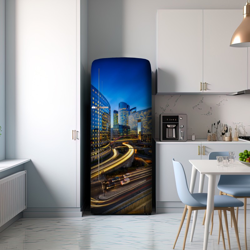 Naklejka na lodówkę nowoczesna panorama miasta o zmierzchu – Wallissimo® Naklejka na lodówkę nowoczesna panorama miasta o zmierzchu – Wallissimo®