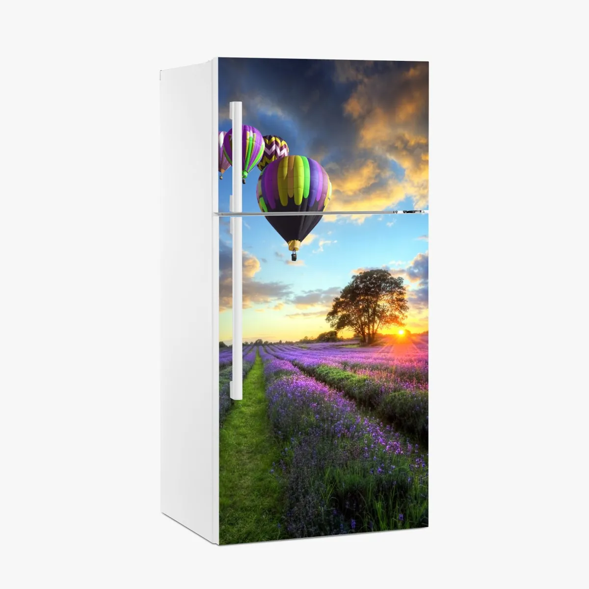 Naklejka na lodówkę lawendowy zachód słońca z kolorowymi balonami – Wallissimo® Naklejka na lodówkę lawendowy zachód słońca z kolorowymi balonami – Wallissimo®