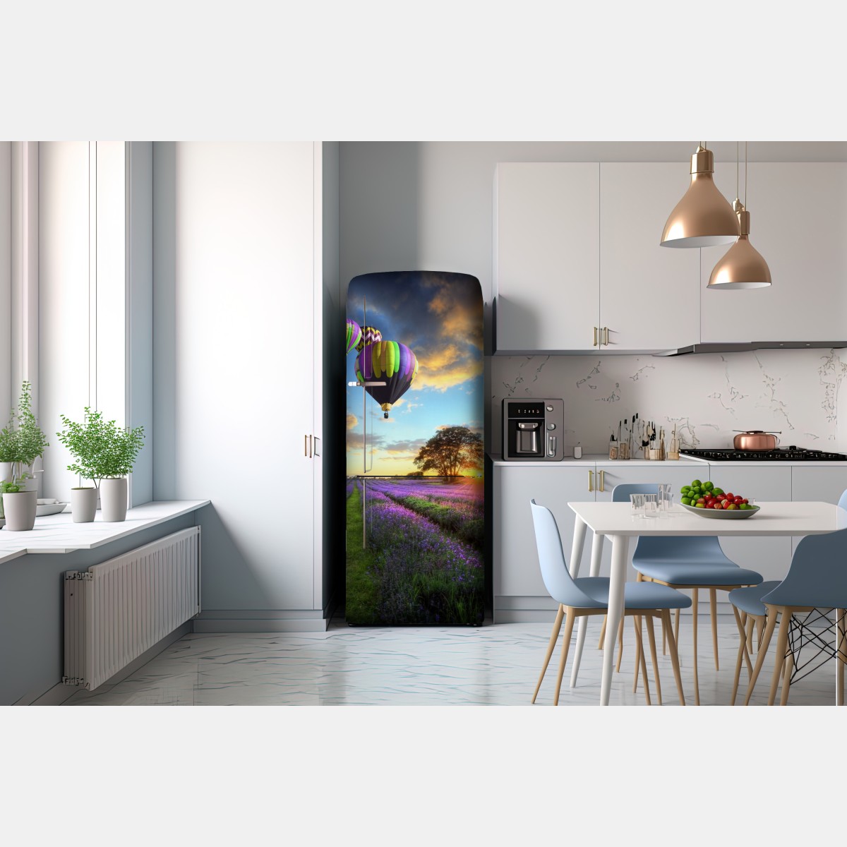 Naklejka na lodówkę lawendowy zachód słońca z kolorowymi balonami – Wallissimo® Naklejka na lodówkę lawendowy zachód słońca z kolorowymi balonami – Wallissimo®