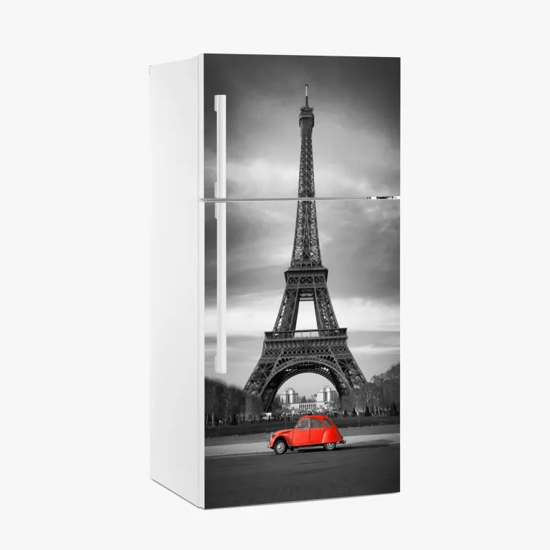 Naklejka na lodówkę Wieża Eiffla z czerwonym zabytkowym samochodem