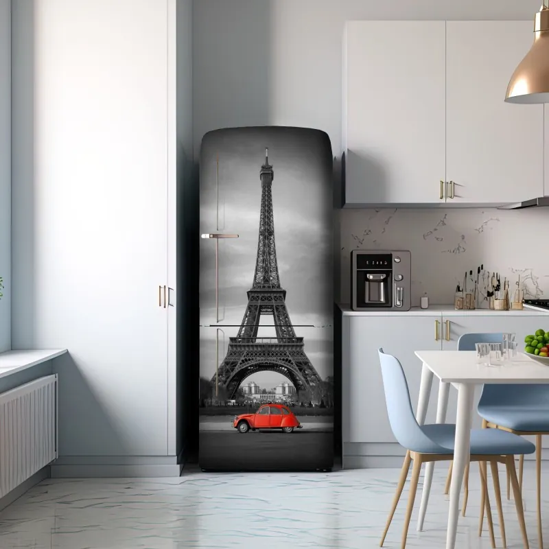 Naklejka na lodówkę Wieża Eiffla z czerwonym zabytkowym samochodem – Wallissimo® Naklejka na lodówkę Wieża Eiffla z czerwonym zabytkowym samochodem – Wallissimo®