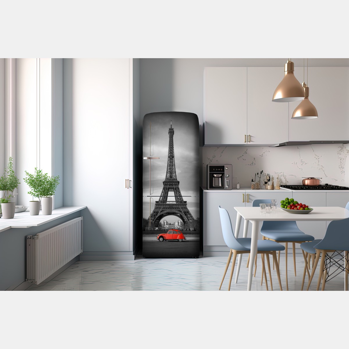 Naklejka na lodówkę Wieża Eiffla z czerwonym zabytkowym samochodem – Wallissimo® Naklejka na lodówkę Wieża Eiffla z czerwonym zabytkowym samochodem – Wallissimo®