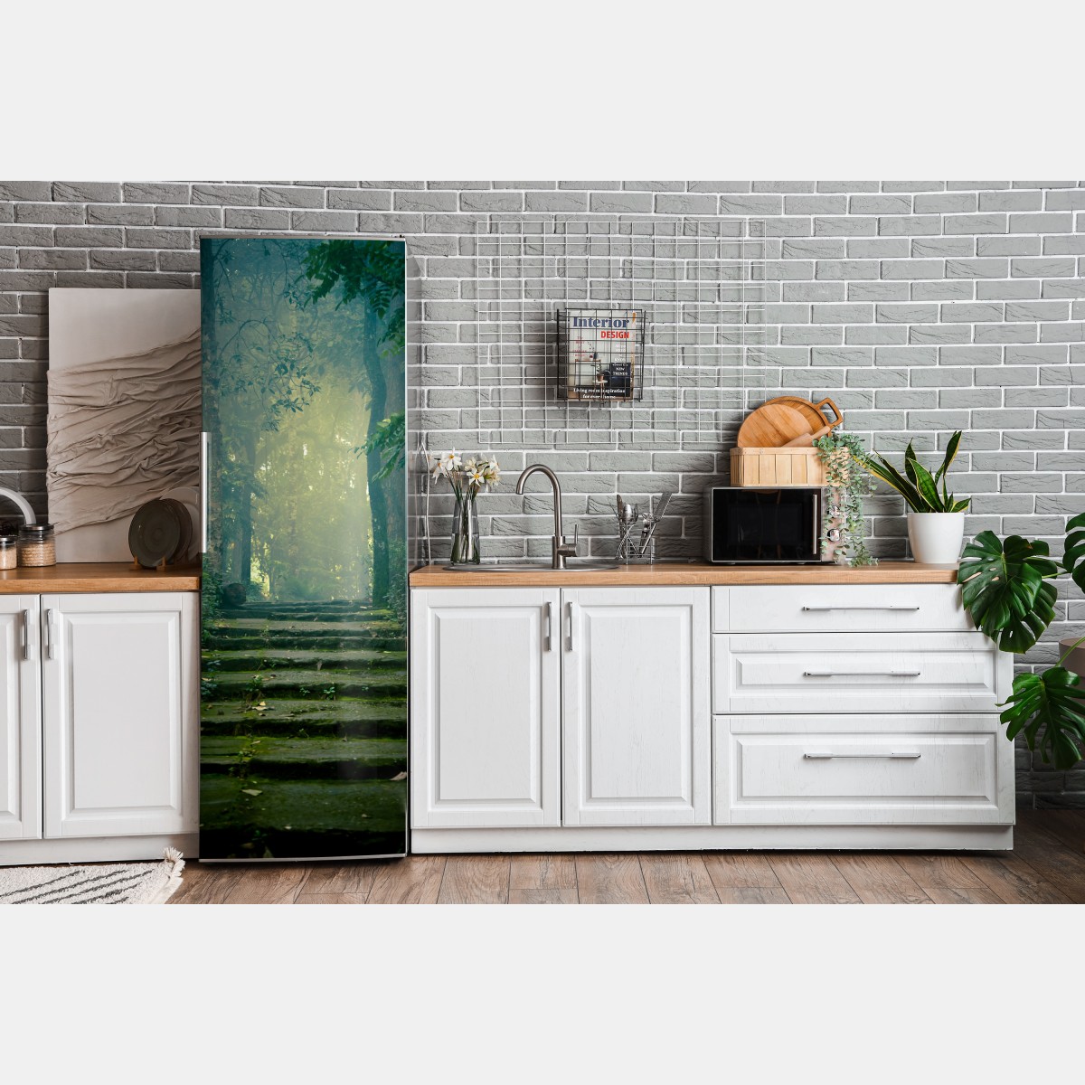 Naklejka na lodówkę mchowe kamienne schody do mglistego lasu – Wallissimo® Naklejka na lodówkę mchowe kamienne schody do mglistego lasu – Wallissimo®