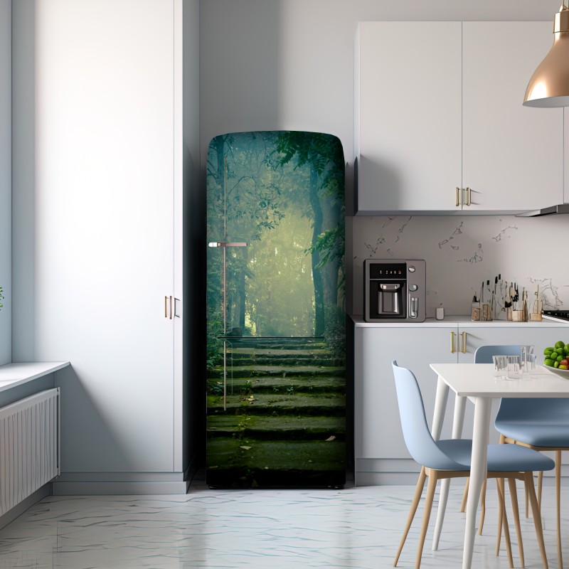 Naklejka na lodówkę mchowe kamienne schody do mglistego lasu – Wallissimo® Naklejka na lodówkę mchowe kamienne schody do mglistego lasu – Wallissimo®