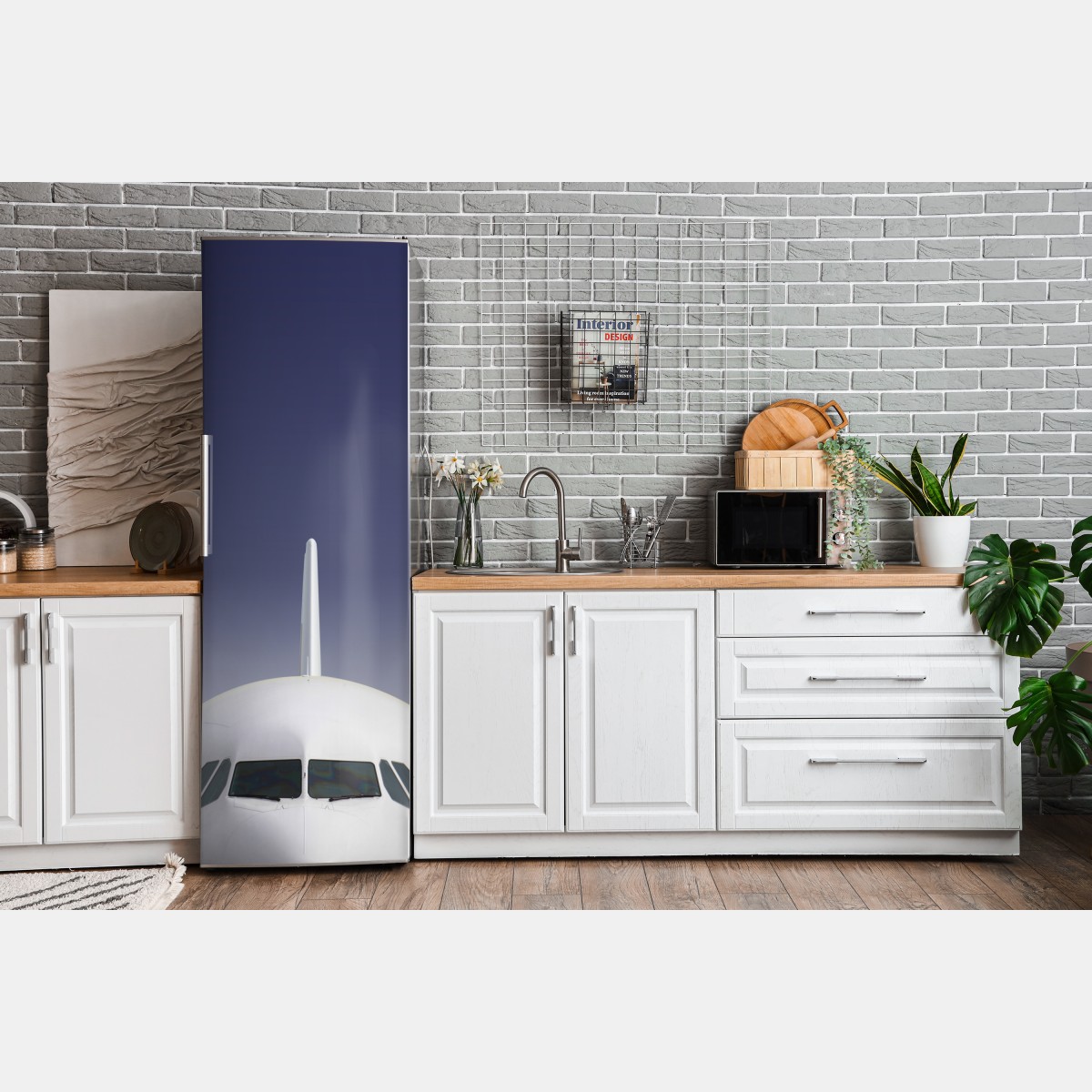 Naklejka na lodówkę przód samolotu na tle błękitnego nieba – Wallissimo® Naklejka na lodówkę przód samolotu na tle błękitnego nieba – Wallissimo®