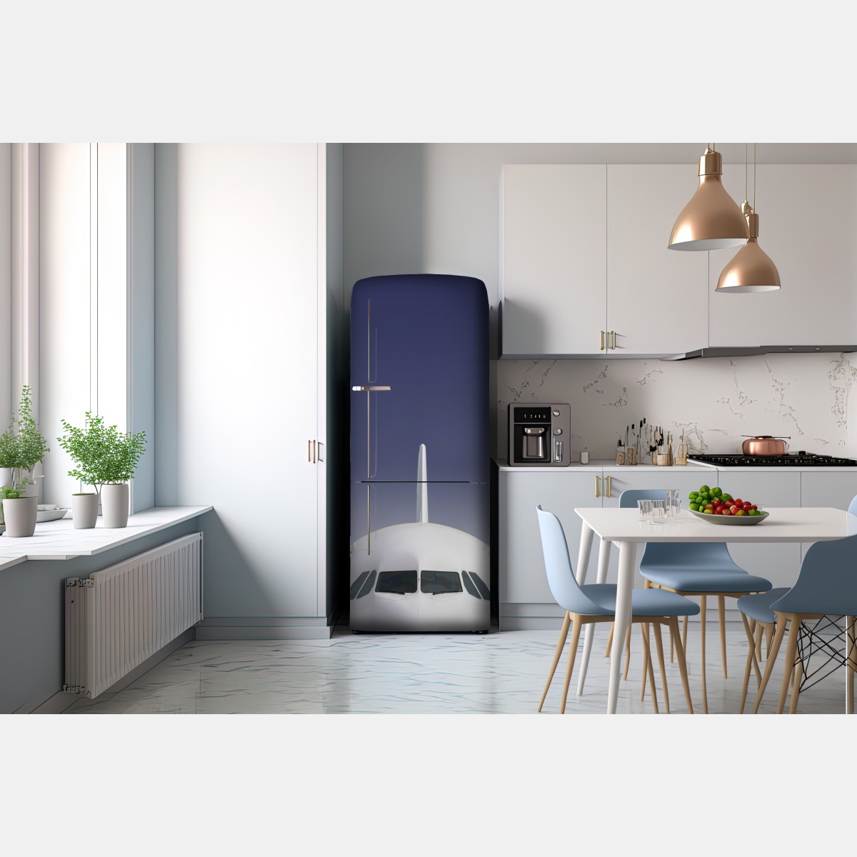 Naklejka na lodówkę przód samolotu na tle błękitnego nieba – Wallissimo® Naklejka na lodówkę przód samolotu na tle błękitnego nieba – Wallissimo®