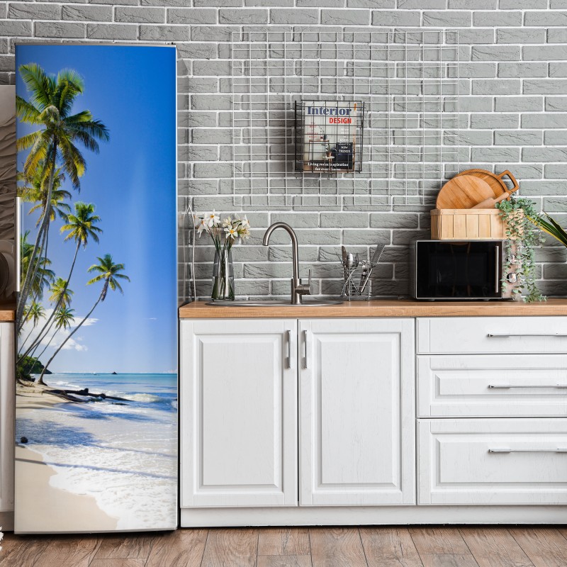 Naklejka na lodówkę odważna geometryczna elewacja w pomarańczy i turkusie – Wallissimo®