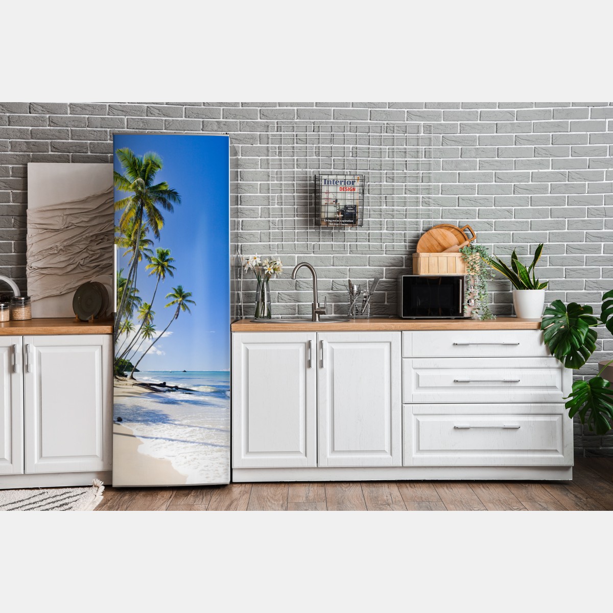 Naklejka na lodówkę tropikalna plaża z palmami pod błękitnym niebem – Wallissimo® Naklejka na lodówkę tropikalna plaża z palmami pod błękitnym niebem – Wallissimo®