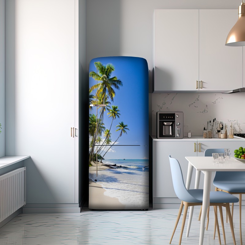 Naklejka na lodówkę tropikalna plaża z palmami pod błękitnym niebem – Wallissimo® Naklejka na lodówkę tropikalna plaża z palmami pod błękitnym niebem – Wallissimo®