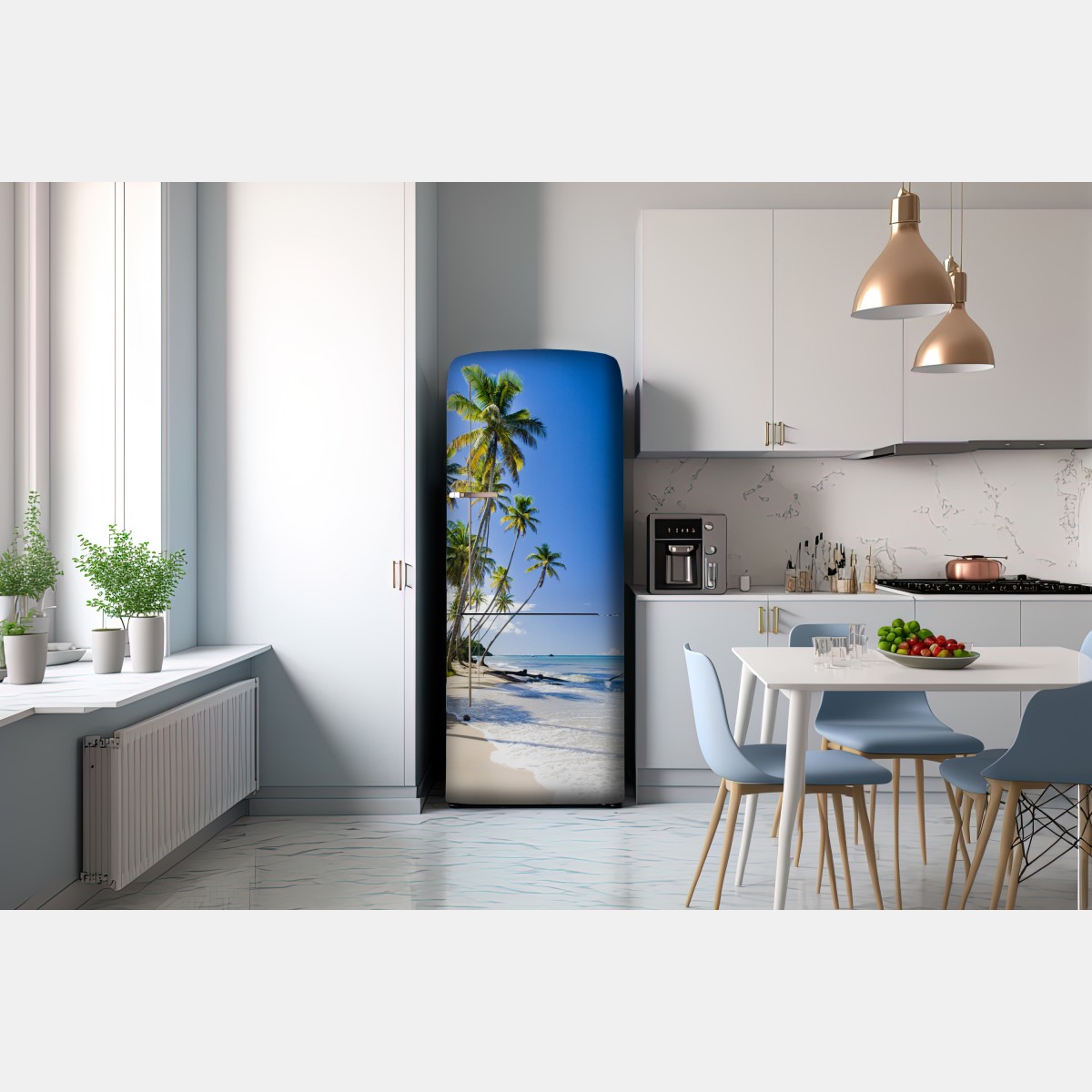 Naklejka na lodówkę tropikalna plaża z palmami pod błękitnym niebem – Wallissimo® Naklejka na lodówkę tropikalna plaża z palmami pod błękitnym niebem – Wallissimo®