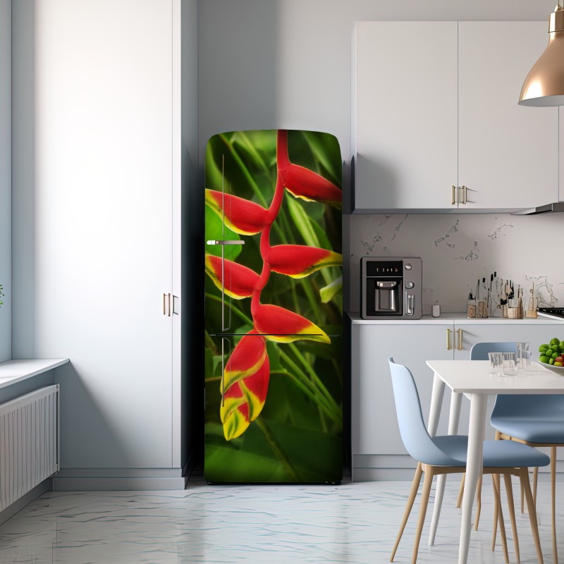 Naklejka na lodówkę wibrująca heliconia w tropikalnym listowiu – Wallissimo® Naklejka na lodówkę wibrująca heliconia w tropikalnym listowiu – Wallissimo®