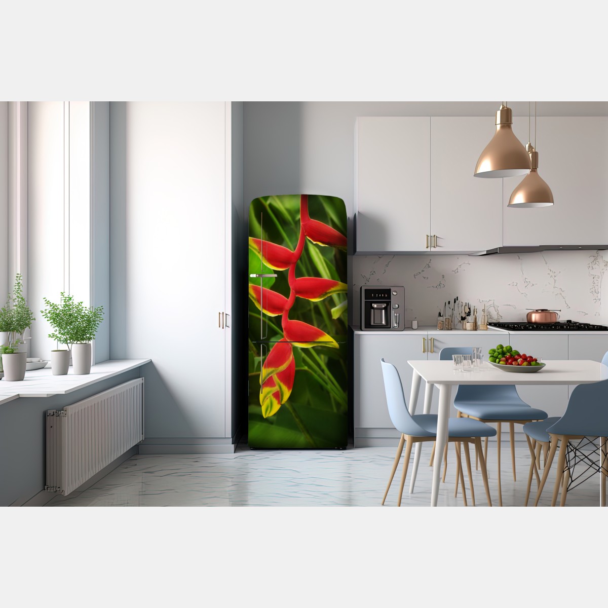 Naklejka na lodówkę wibrująca heliconia w tropikalnym listowiu – Wallissimo® Naklejka na lodówkę wibrująca heliconia w tropikalnym listowiu – Wallissimo®