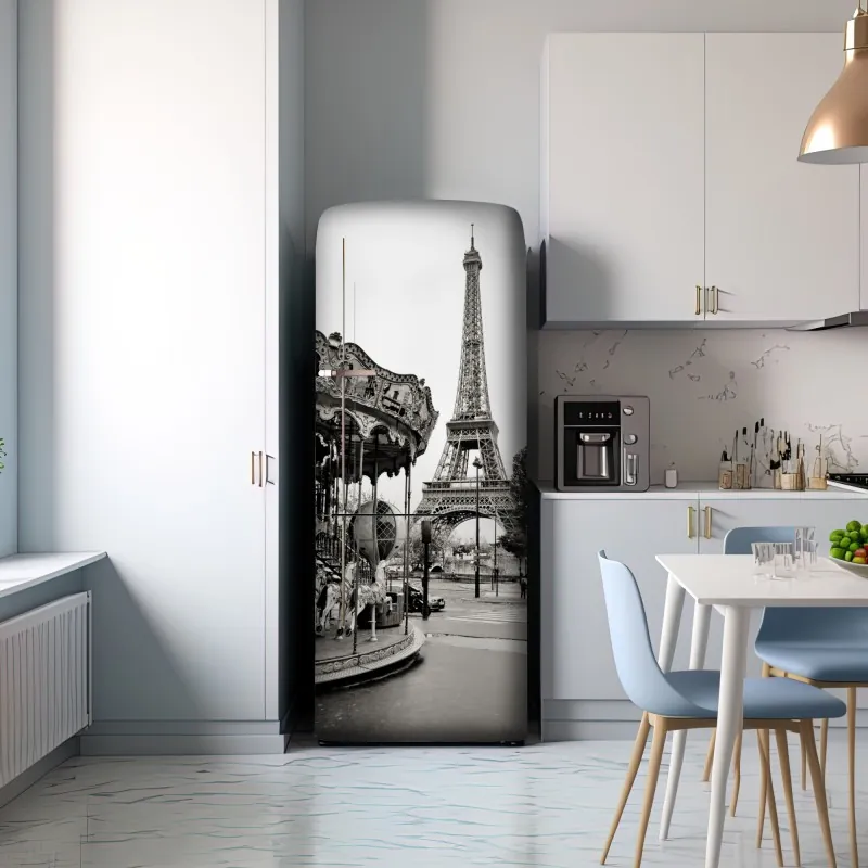 Naklejka na lodówkę wieża Eiffla i karuzela w Paryżu – Wallissimo® Naklejka na lodówkę wieża Eiffla i karuzela w Paryżu – Wallissimo®