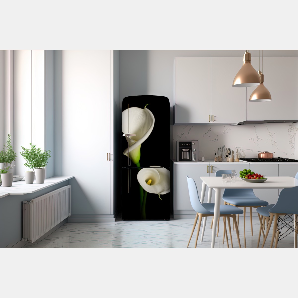 Naklejka na lodówkę białe kalie na czarnym tle – Wallissimo® Naklejka na lodówkę białe kalie na czarnym tle – Wallissimo®