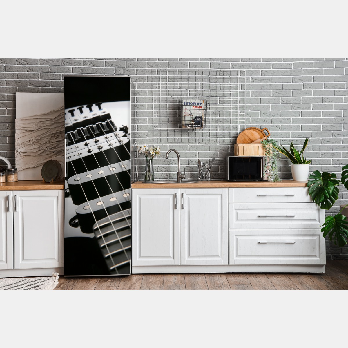Naklejka na lodówkę zbliżenie czarnej gitary elektrycznej – Wallissimo® Naklejka na lodówkę zbliżenie czarnej gitary elektrycznej – Wallissimo®