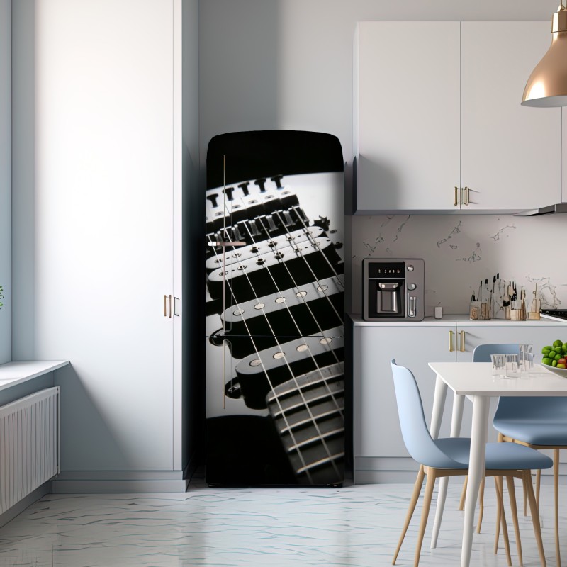 Naklejka na lodówkę zbliżenie czarnej gitary elektrycznej – Wallissimo® Naklejka na lodówkę zbliżenie czarnej gitary elektrycznej – Wallissimo®