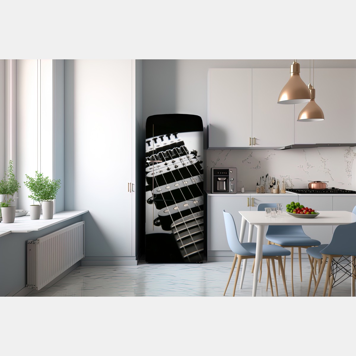 Naklejka na lodówkę zbliżenie czarnej gitary elektrycznej – Wallissimo® Naklejka na lodówkę zbliżenie czarnej gitary elektrycznej – Wallissimo®