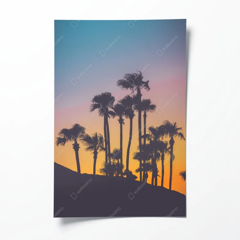 Plakat retro tropikalne palmy o zachodzie słońca