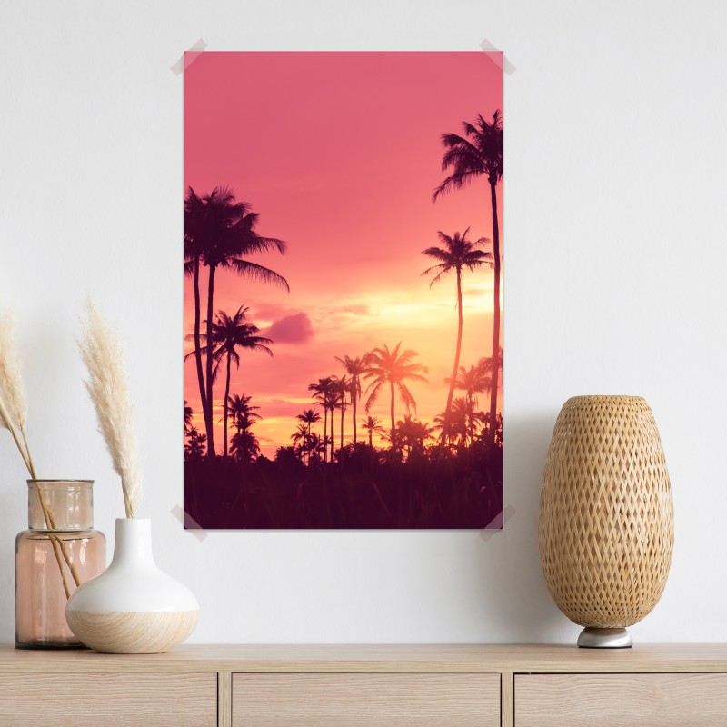 Plakat różowy tropikalny zachód słońca z palmami – Wallissimo® Plakat różowy tropikalny zachód słońca z palmami – Wallissimo®