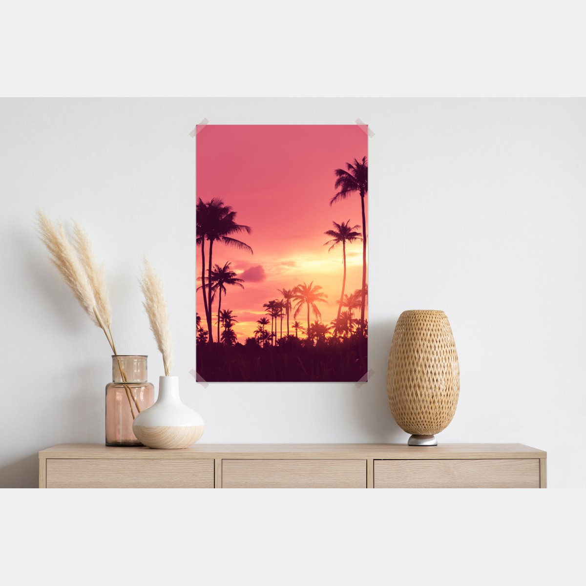 Plakat różowy tropikalny zachód słońca z palmami – Wallissimo® Plakat różowy tropikalny zachód słońca z palmami – Wallissimo®