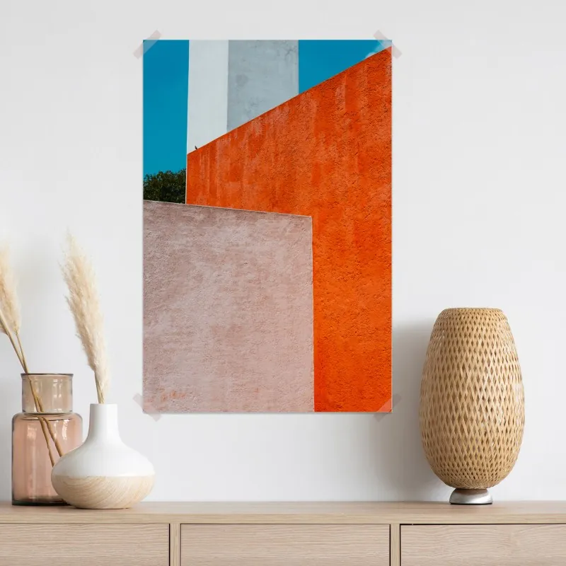 Plakat odważna geometryczna elewacja w pomarańczy i turkusie – Wallissimo® Plakat odważna geometryczna elewacja w pomarańczy i turkusie – Wallissimo®