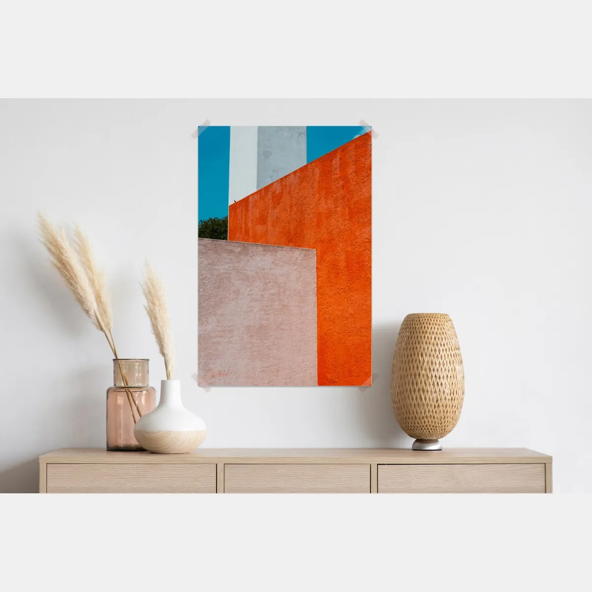 Plakat odważna geometryczna elewacja w pomarańczy i turkusie – Wallissimo® Plakat odważna geometryczna elewacja w pomarańczy i turkusie – Wallissimo®