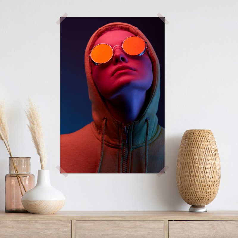 Plakat neonowy portret w okrągłych okularach – Wallissimo® Plakat neonowy portret w okrągłych okularach – Wallissimo®