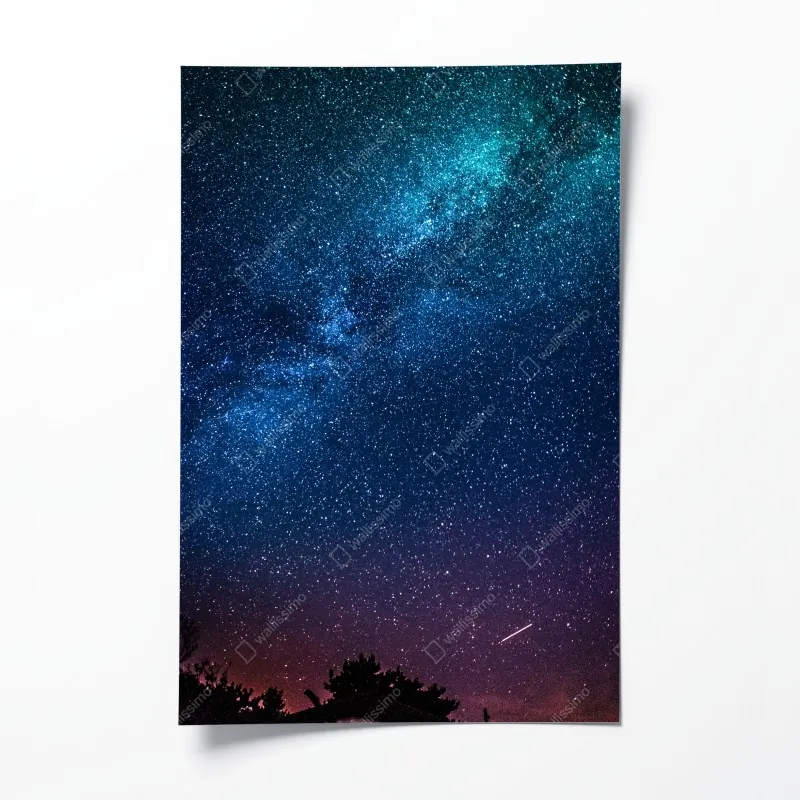 Plakat głębokie błękitne nocne niebo z drogą mleczną i spadającą gwiazdą