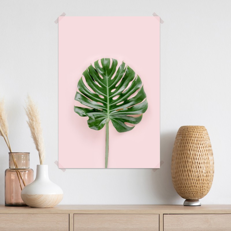 Plakat liść monstera na pastelowym różowym tle – Wallissimo® Plakat liść monstera na pastelowym różowym tle – Wallissimo®